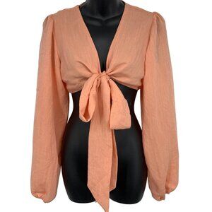 Alice Elle Coral Long-Sleeve Tie-Front Crop Top Size 10 Lightweight Linen New